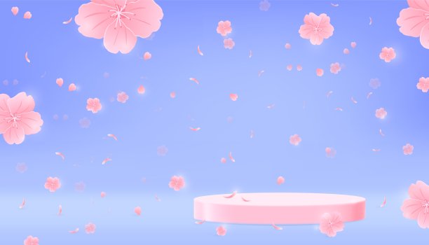 3d讲台与日本樱花，矢量插图。日本场景与粉红色的花，蓝色的背景和柔和的舞台平台的产品。图片下载