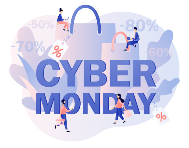 网络星期一-短信。大的推销。特别优惠价格。广告折扣。小人们在网上购物。现代平面卡通风格。矢量插图上的白色背景图片下载