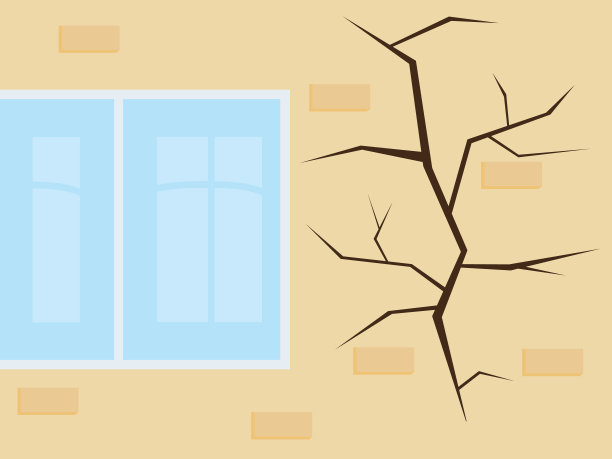 窗户附近墙上的裂缝，矢量图。房子的灰泥上的裂缝。损坏，外墙有洞，建筑物砖面。图片下载