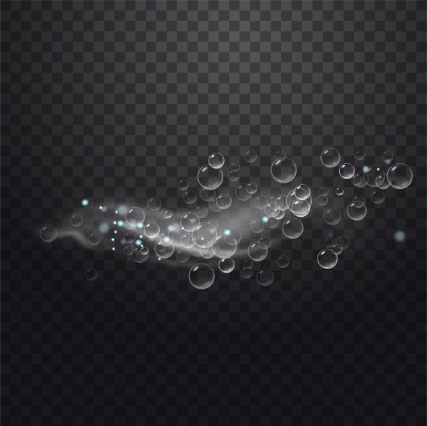逼真的气泡气泡在水中。水下嘶嘶作响的气泡。透明的背景。图片下载