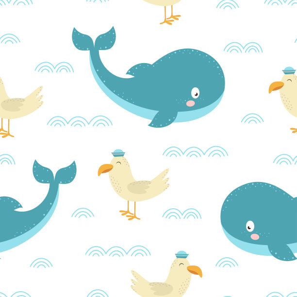 无缝图案与卡通鲸鱼和海鸥图片下载