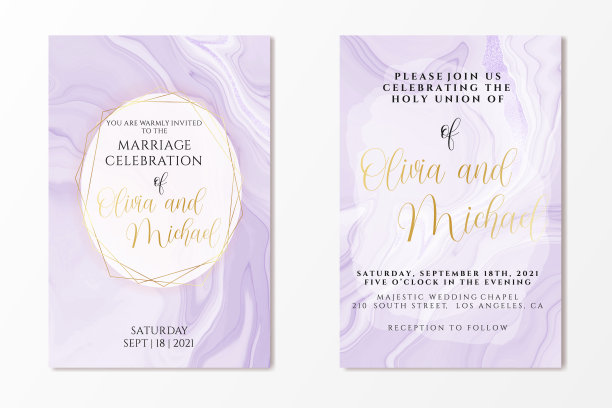 婚礼邀请模板在紫罗兰液体大理石水彩背景与箔线和框架。淡紫色大理石酒精墨水画效果。矢量插图的浪漫卡片设计图片下载