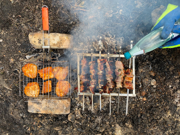 烤制猪肉串和鸡肉串。在明火上烤猪肉串和烤鸡串图片下载