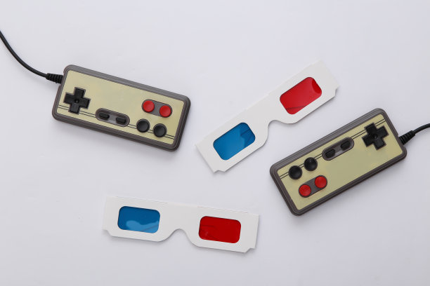 复古手柄，白色背景的3d眼镜。复古游戏。立体声视频游戏，80年代。图片下载