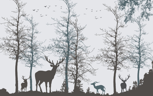 3d壁画插图景观森林树墙纸。鸟类、鹿和有着简单现代背景的山脉图片下载