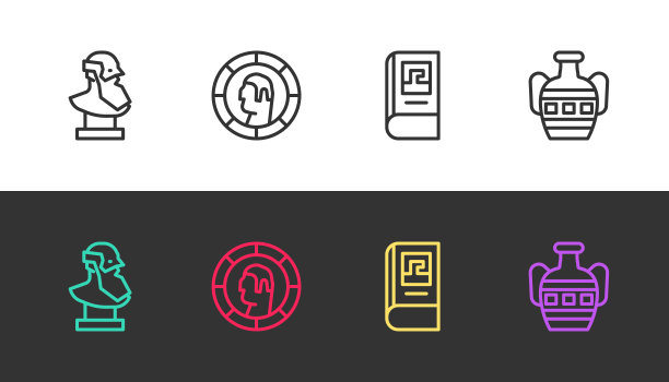 古代半身像，希腊硬币，历史书和双耳罐在黑白上。向量图片下载