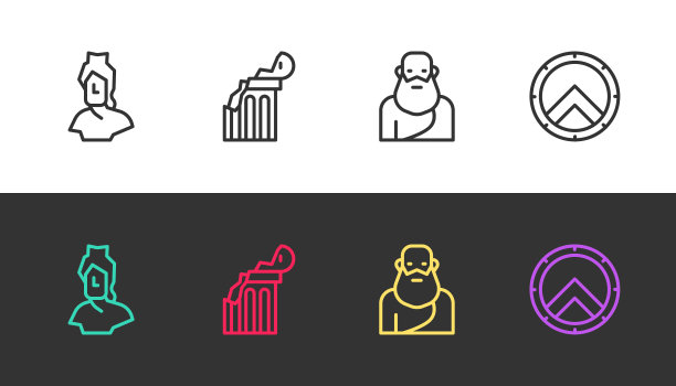 黑白上绘有古代半身雕像、断古柱、苏格拉底、希腊盾等。向量图片下载