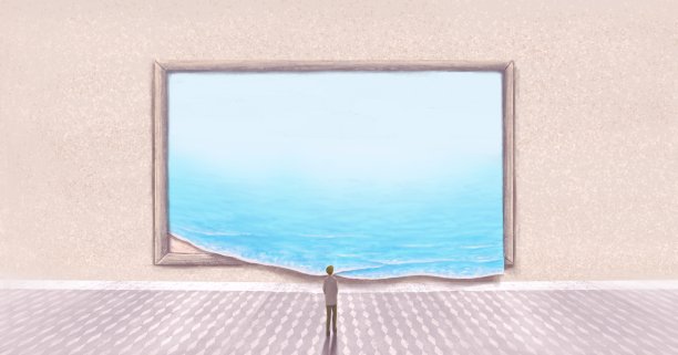 超现实艺术，孤独的悲凉概念，孤独的悲凉概念艺术，孤独的人与海，绘画插画图片下载