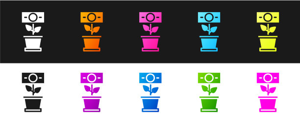 把钱种在花盆里的图标隔离在黑色上。把钱种在花盆里的图标隔离在黑色上。把钱种在花盆里的图标隔离在黑色上图片下载