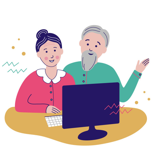 老夫妇在家里使用电脑。爷爷奶奶在电脑上看新闻。老人微笑，欢欣鼓舞。当代的平面设计。彩色股票插图孤立的白色背景。图片下载