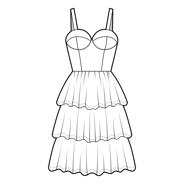 胸衣技术时尚插图与无袖，杯，合身的身体，3排长度膝盖褶层裙图片下载