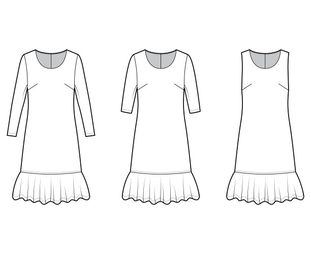 一套连衣裙垂腰技术时尚插图与长肘袖，超大，膝盖裙，圆脖子图片下载