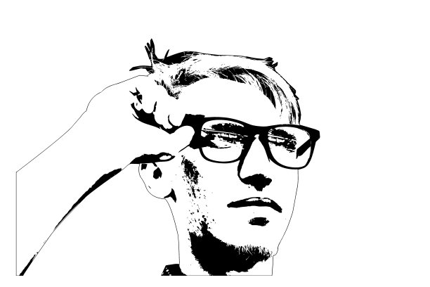 一个正在调整眼镜的年轻人的简单肖像。英俊的年轻人，留着时髦的头发，看着远方。的生活方式。矢量插图。图片下载