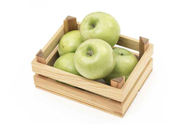 白色背景上有新鲜有机苹果的小木箱。图片下载