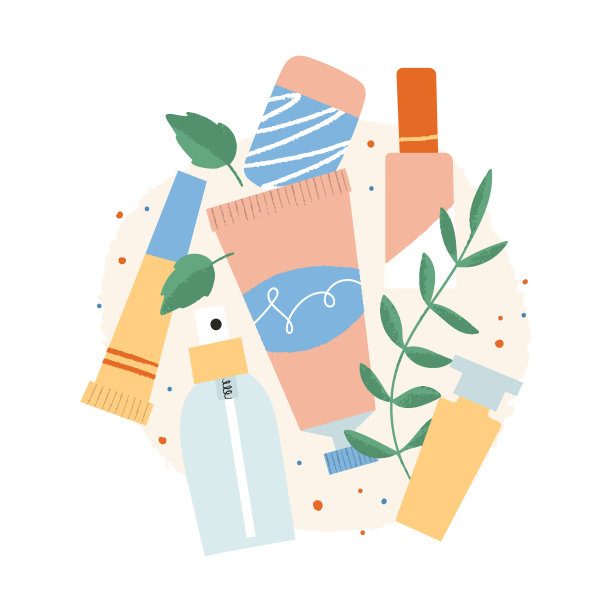 有机天然化妆品平铺定型。平手绘管和瓶子与自然纹理的叶子。图片下载