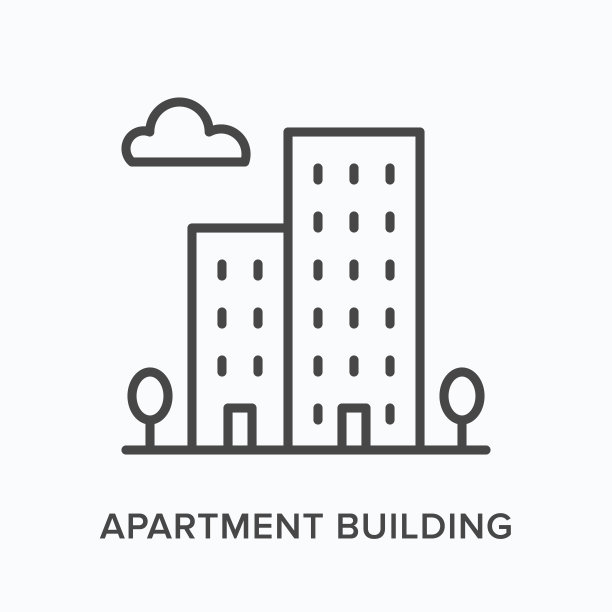 公寓楼扁平线条图标。住宅楼矢量轮廓图。酒店黑色细线条象形图图片下载