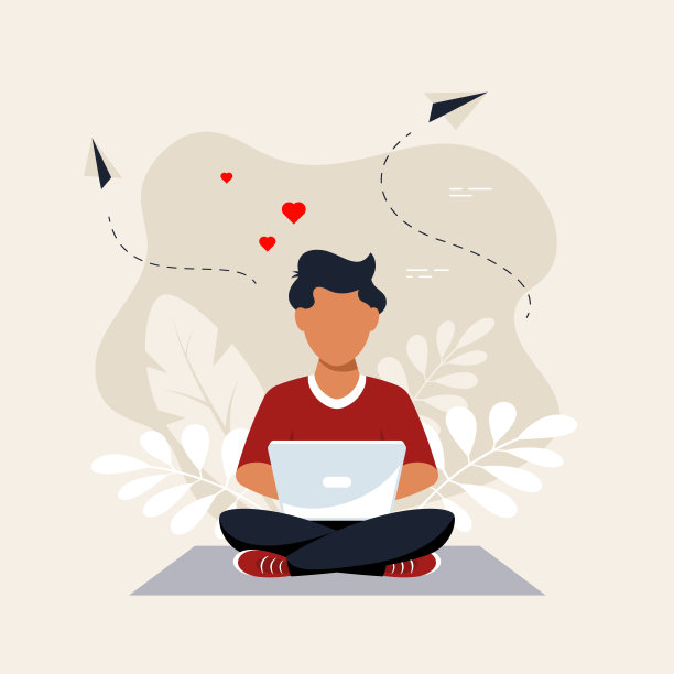 年轻的黑人在笔记本电脑上工作，平面设计矢量图片下载