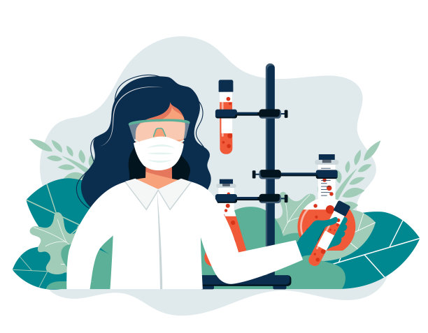 实验室研究。实验室里的女科学家。疫苗研究，科学家在实验室进行实验。平面插画图片下载