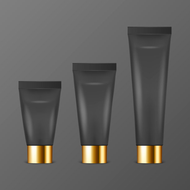 矢量3d现实塑料，金属黑色牙膏，奶油管，包装与黄金帽集孤立在黑色背景。设计模板的牙膏，化妆品，霜的实物模型。前视图图片下载