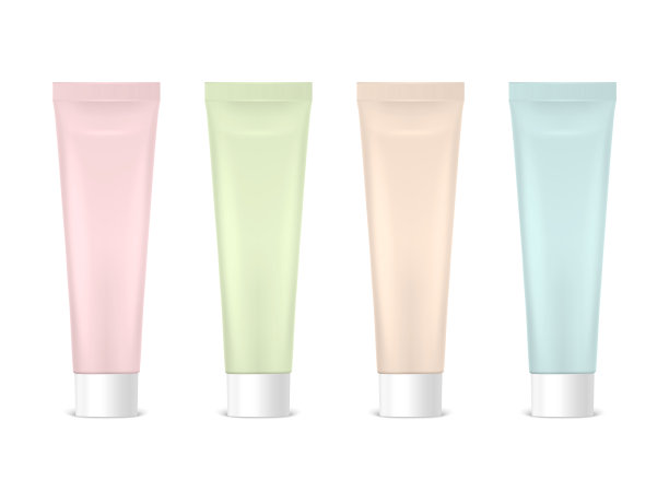 向量3d现实塑料，金属粉色，绿色，米色，蓝色牙膏，奶油管，包装集隔离。采购产品为模型的牙膏，化妆品，霜，牙膏的设计模板。前视图图片下载