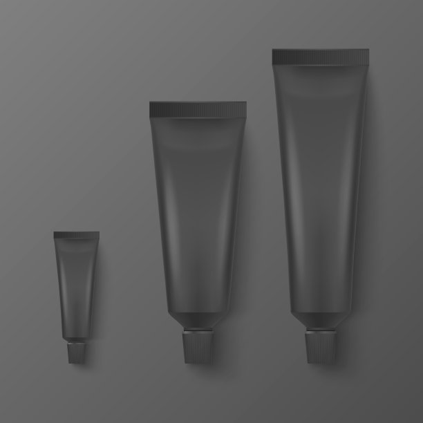 矢量3d现实塑料，金属黑色牙膏，膏体管，包装集隔离在黑色背景。牙膏，化妆品，面霜模型设计模板。俯视图图片下载