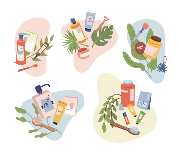 套装美容有机天然化妆品，头发，身体，面部护理产品，按摩刷和治疗配件。矢量平面卡通瓶包装，香波和乳液，粉底霜图片下载