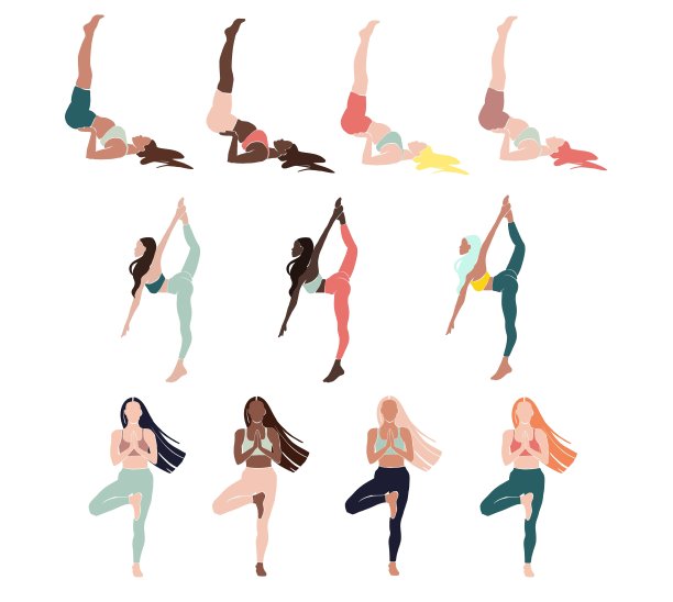 设置年轻女孩瑜伽姿势。平面插画风格。非洲裔美国女孩图片下载