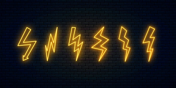 霓虹闪电雷套。六个高压霓虹灯符号。雷电标志图片下载
