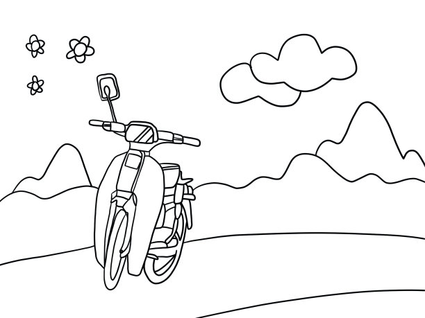 摩托车、山、花、云、插图图片下载