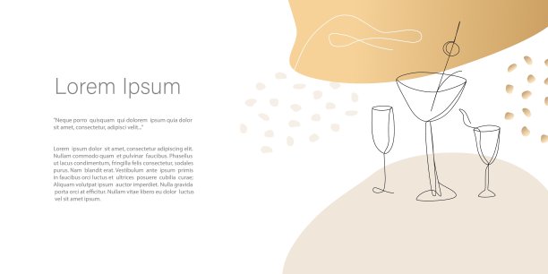 聚会、接待和酒精饮料。抽象的极简向量模板。线条艺术绘画，抽象的形状在金色。模板与复制空间的文字邀请，卡片，横幅或海报图片下载
