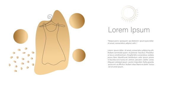 衣架上穿衣服，购物理念。抽象简约的向量。线条艺术与抽象形状的金色。模板与复制空间的文本为卡片，旗帜和海报，登陆页图片下载