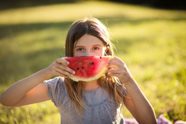 小女孩拿着西瓜的肖像。看相机。图片下载