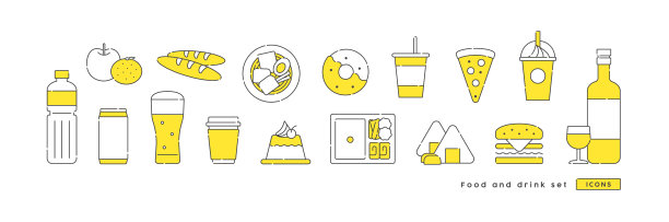 一组可爱的食物和饮料的图标。简单易用的矢量插图。图片下载