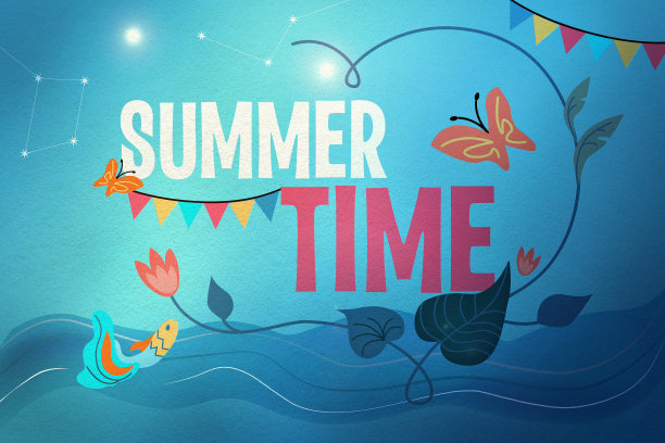 夏季，文字上的蓝色背景，插图，横幅，封面。图片下载