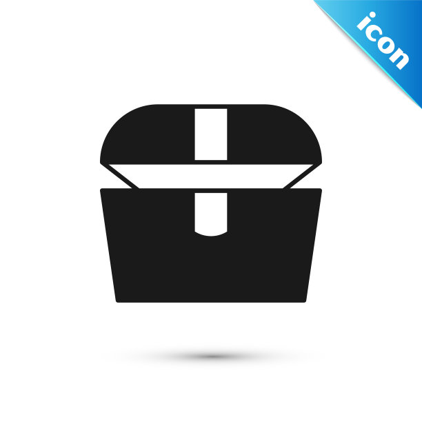 灰色古董宝箱图标孤立的白色背景。古董木箱与黄金硬币。向量图片下载