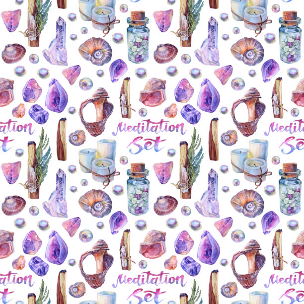 无缝模式水彩冥想集帕罗桑托绷带与草药，水晶，蜡烛，贝壳，珍珠。保持冷静、平衡、放松。手绘波西米亚瑜伽背景，包装，速写本，魔术图片下载