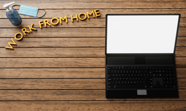 笔记本电脑或笔记本电脑屏幕和平板电脑空白白色。办公设备，电脑放在木桌上，一瓶酒精凝胶和一个卫生口罩。居家工作理念预防Covid-19。三维渲染图片下载