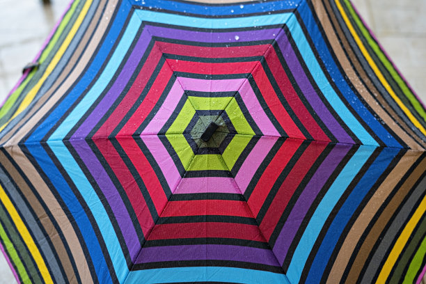 多色伞特写在雨滴，彩虹图案图片下载