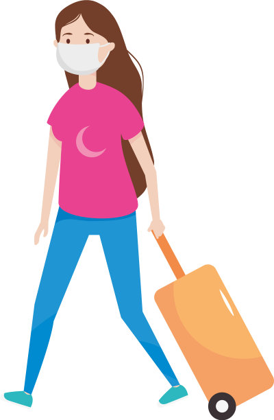 卡通女人戴着口罩，拉着行李箱图片下载