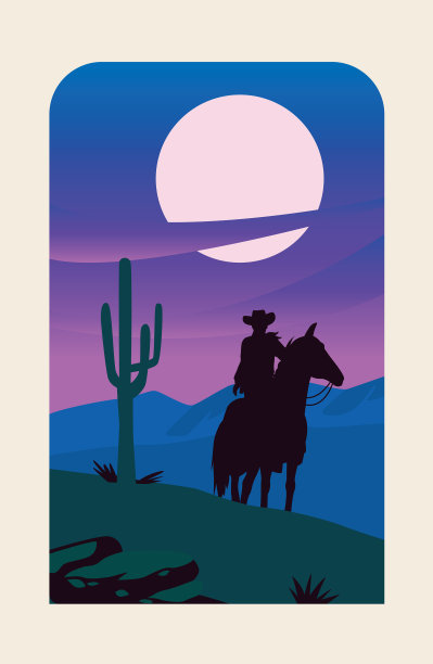 狂野的西部夜晚沙漠场景与牛仔在马图片下载