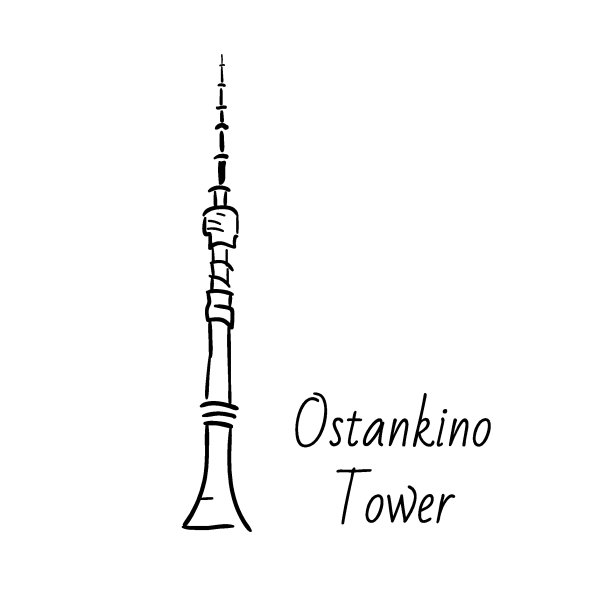 手绘涂鸦的莫斯科地标素描。奥斯坦金诺电视塔。电视。白色背景上的黑线图片下载