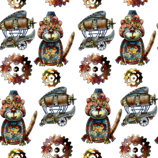 水彩无缝模式与老虎和奇妙的飞艇。图片下载