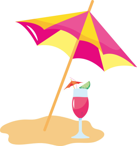 沙滩遮阳伞和鸡尾酒在沙地平坦风格图片下载