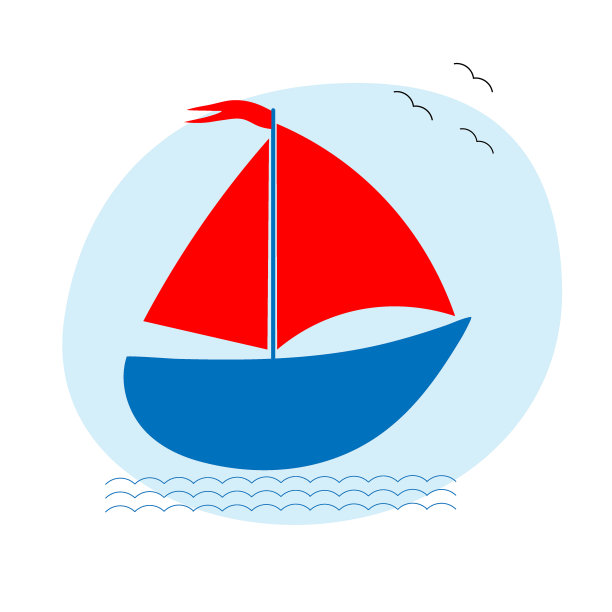 海中有红帆的帆船的平面插图。旅行的明信片。图片下载