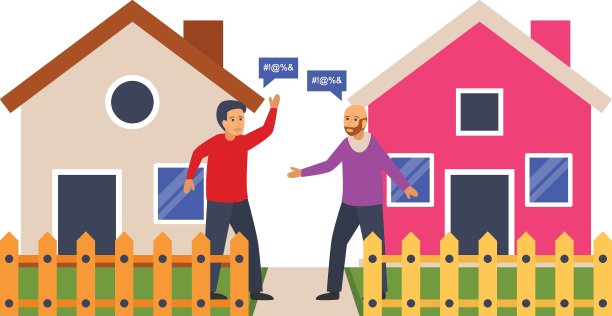 侵犯隐私概念，邻居是战斗向量颜色图标设计，邻里冲突股票插图，坏邻居符号图片下载