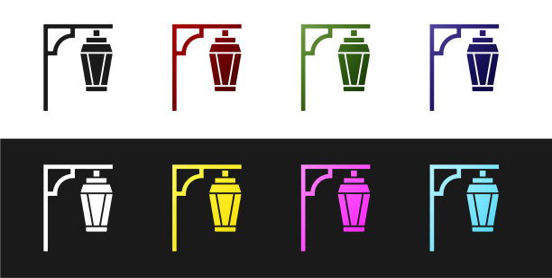 设置复古街灯图标孤立在黑色图片下载