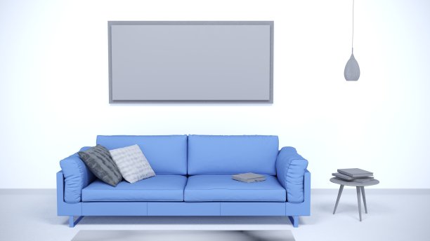 极简主义的客厅内饰有沙发，放书的桌子，浅灰色的地板，框架和空白的文字空间图片下载