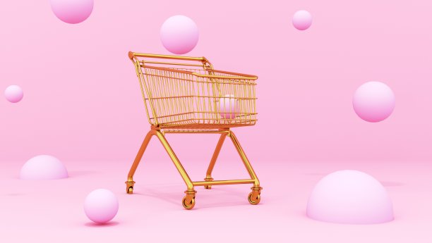 3 d渲染。红色背景上有粉色气球的金色超市购物车图片下载