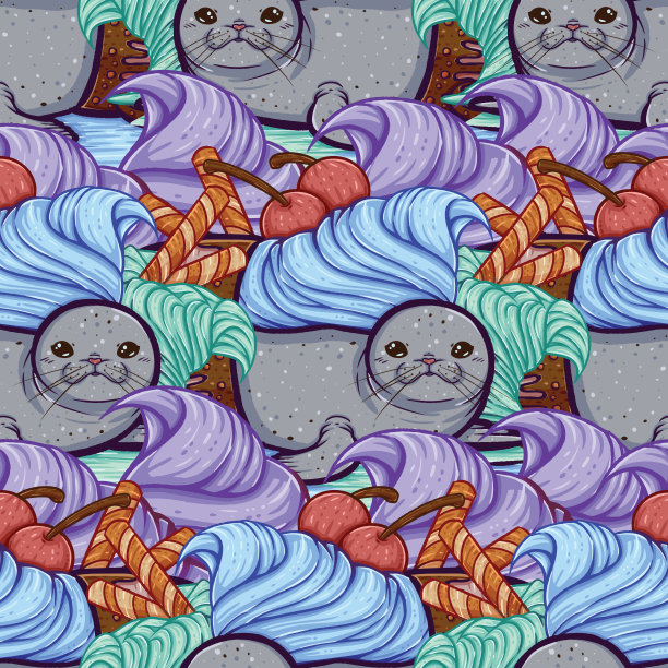 圣代印章线艺术插图矢量无缝模式图片下载