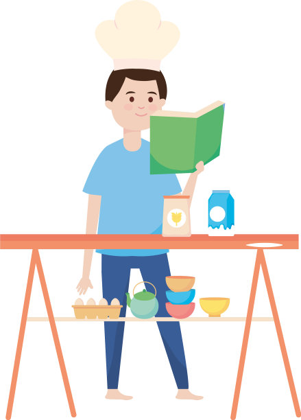 快乐的男人在厨房里读食谱图片下载
